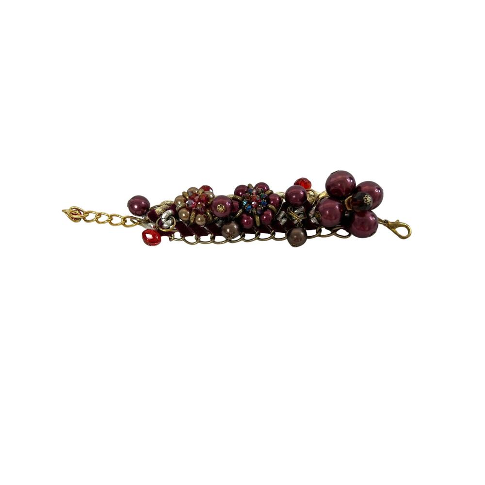 Dangling Burgundy Baubles Rhinestoned Center on Gold And Silver Toned Metal Link - Picture 2 of 4